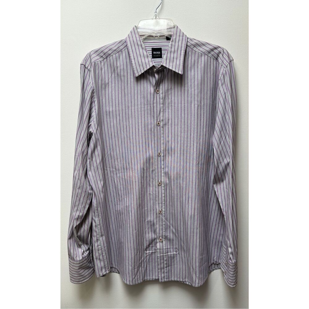 Boss by Hugo Boss men’s purple white striped shirt flip cuff size L. #29–1303